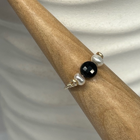Artisan Jewelry - FRESHWATER Pearls & Onyx 14K Gold Filled Wire Wrapped Ring